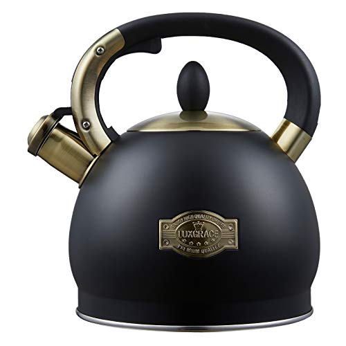 Stove Top Whistling Tea Kettle- Stainless Steel Teakettle Teapot with Ergonomic Handle 2.6 Quart(Black) by LUXGRACE - Used condition - US$24.22