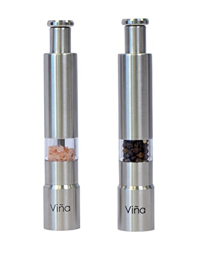 2 Pack Vina Stainless Steel Thumb Push Mini Salt and Pepper Mill Grinder Set for Gourmet Home Restaurant Buffet, 2PCs / set
