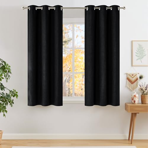NICETOWN Short Faux Linen Black Blackout Curtains 63 inches Long for Kitchen - Privacy Panels for Living Room Bedroom, Modern Farmhouse Style Easy Car