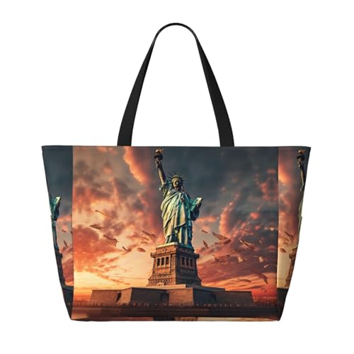 Statue Of Liberty In Nyc Extra Large Tote Bag For Women,Foldable Beach Bag With Pocket Weekender Travel Overnight Bag2