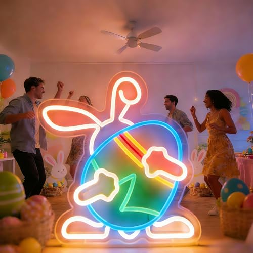 Image of Bunny Neon Sign with Egg, LED Rabbit Night Light for Kids Bedroom, Cute Animal Wall Decor for Baby Nursery, Dimmable USB Powered Neon Wall Light for Toddler Room, Cozy Room Aesthetic Gift for Girls Boys 13*13.7in