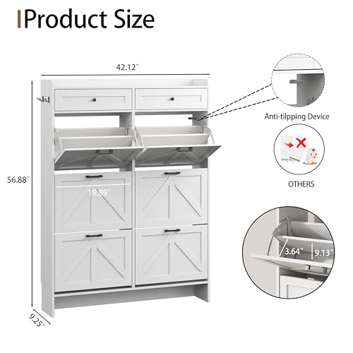 Image of Shoe Cabinet with 6 Flip Drawers & 2 Top Drawers, 57 inch Tall Freestanding Narrow Wooden Shoe Storage Organizer for Entryway, Hidden Slim Shoe Rack for Front Door Entrance, Hallway, Living Room, White