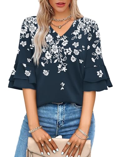Image of OFEEFAN Spring Tops for Women Boho Shirts Fashion Clothing Cute 3 /4 Length Sleeve Blouses Dressy Casual Summer Outfits