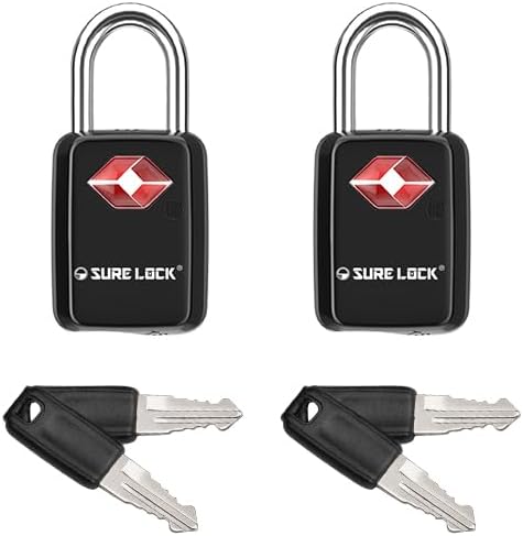Sure Lock Cerraduras de equipaje aprobadas por la TSA con llaves para viajes, cuerpo de aleación de zinc con grillete de acero, llave similar, llave
