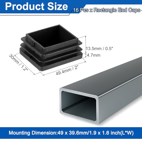 Image of uxcell 16 Pcs Rectangle Tubing End Caps 2 x 1 9 /16 Inch Plastic Hole Plugs Insert End Cap for Metal Tubing Post Chair Leg Table Bookshelves Furniture, Black