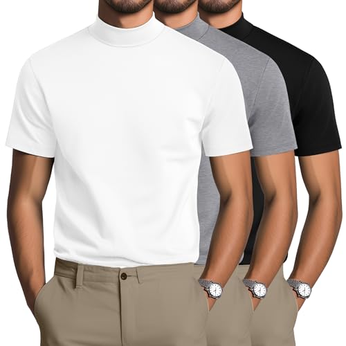 August Alley 3 Pack Men's Mock Neck T Shirts Short Sleeve Turtleneck Pullover Tops Casual Summer Basic Tees(White, Light Gray, Black,X-Large)