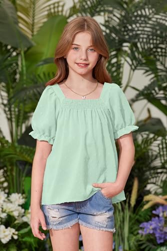 Image of BesserBay Girls Summer Puff Short Sleeve Square Neck Tee Shirts Ruffle Smocked Blouses Cute Swiss Dot Tops 5-14 Years