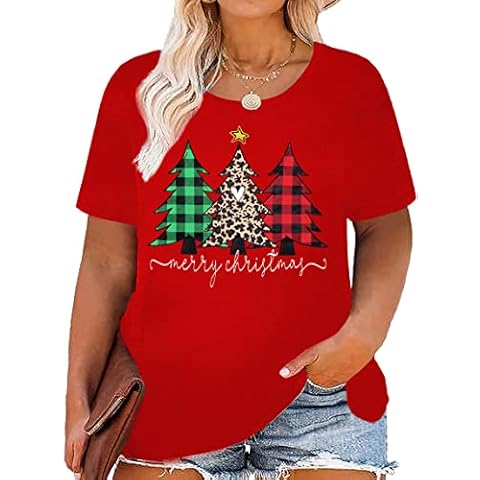 Plus-Size Christmas Shirts Women Merry Christmas Leopard Plaid Tree Print Shirt Holiday Tops Xmas Tee Cover