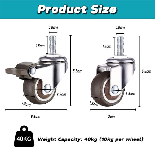 4 Stück Rollen mit Gewinde M8, 360° Lenkrollen M8 X 15 mm, Möbelrollen Mit Bremse Klein, Rutschfeste Gummirollen Möbelrollen Gewinde M8 Tragfähigkeit 40Kg 2 Bremsen+2 Ohne Bremsen für Geräte und Möbel