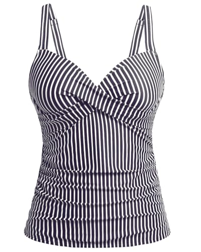Women's Underwire Tankini Top Only - Push Up Swimsuit Top with Bra Support Tummy Control Bathing Suit Top No Bottom 2025 Black Striped L