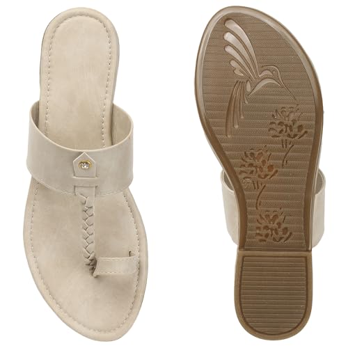 Image of Naitik Women's Kolapuri Casual Flat Sandals, Ladies Ethnic Flat Chappals for Party & Occasions (Cream)