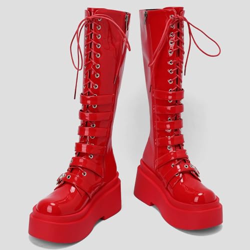 KysBloes Goth Buckle Boots for Women Platform Knee High Boots Lace Up Tall Boots Punk Style Strappy Wedge High Heel Boots3