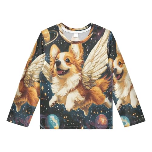 DOMIKING Winged Corgi Planets Star Black Boys Long Sleeve Rashguard Shirt Kids Quick Dry Swim Shirt for Kids Toddlers 11-12T