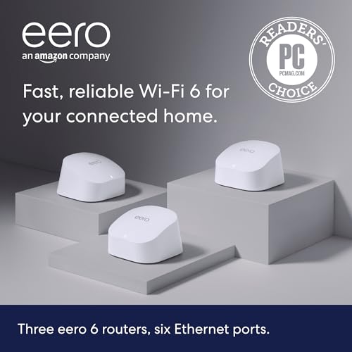 Image of Amazon eero 6 mesh wifi system - Supports speeds up to 900 mbps, Coverage up to 4,500 sq. ft., Connect 75+ Devices, 3-pack (3 routers)