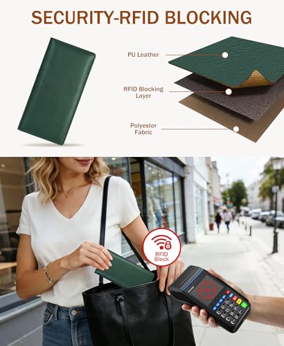 Image of Immaturus Womens Wallet RFID Blocking Slim Thin Credit Card Holder Green | Long Bifold, 11 Card Slots, Cash Purse, Zipper Coin Pocket, Travel Clutch Billfold, PU Leather, ID Window, Ladies Woman Gift