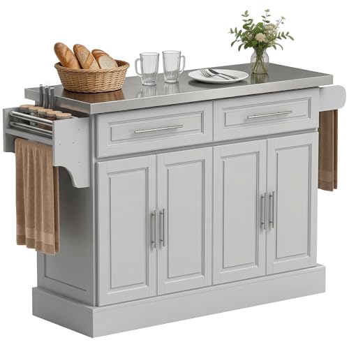HOMCOM Rolling Kitchen Island Cart with 47' Stainless Steel Top, Portable Island Table for Kitchen with Wheels, Adjustable Shelves, 2 Drawers, Spice, Knife and Towel Rack, Gray