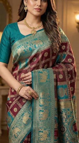 Image of C J Enterprise Women's Kanjivaram Silk Saree Woven Patola Banarasi Soft Sarees Zari With Blouse Piece (Hathi Patola)