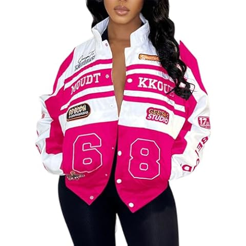 Angsuttc Moto Jackets for Women Fashion Racing Varsity Bomber Letter Graphic Detachable Vintage Color Block Coats Rose S Cover