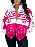 Angsuttc Moto Jackets for Women Fashion Racing Varsity Bomber Letter Graphic Detachable Vintage Color Block Coats Rose S