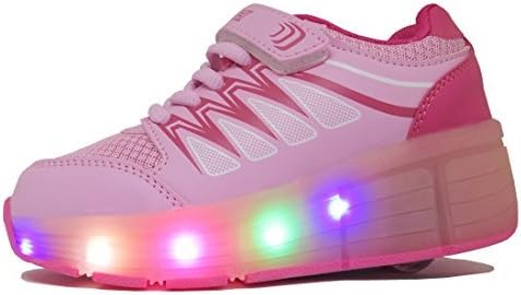 PU Rechargeable Heel Roller Skate Light up Flashing Wheel Shoes LED Sneakers Comfortable Mesh Surface Roller Shoes for Kids Girls Boys Thanksgiving Pink