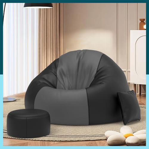 Image of ComfyBean 4XL Bean Bag Chair with Beans Filled - Bean Bag Sofa with Footrest Dark Grey Black Bean Bags for Living Room, Bedroom - Free Cushion & Footrest - ColorFlex Lounge Combo - Faux Leather
