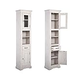 Lomadox Landhaus Badezimmer Hochschrank mit 2 Drehtüren und Schubkasten, Massivholz Kiefer weiß Gebleicht, B/H/T: 45/190/30cm