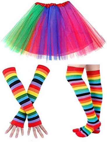 Faylapa 1970s 1980s Fancy Outfits Rainbow Costume Accessories Christmas Party Dresses TuTu Skirt for Xmas Cosplay Christmas Decoration Party (Rainbow 3pcs) - Image 2