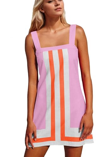 TERIVEEK Womens Striped Mini Dress Summer Casual Boho Color Bock Sleeveless Tank Shift Dress Beach Cover Up Short Sundress Pink