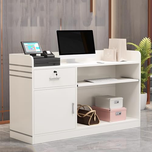 Escritorio de recepción con cerradura con bandeja para teclado y cajón, moderno mostrador de oficina, mueble elegante con gabinete, acabado blanco, 80 cm de ancho x 42 cm de profundidad x 92 cm de