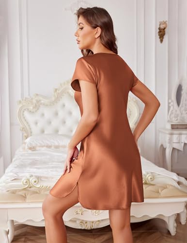 Image of Ekouaer Satin Nightgowns for Women Lace Nightgown Short Sleeve Nightshirt | Satin Night Gowns Women Sexy, Short Sleeves Night Dress, Lace V Neck, Above Knee Length, Cocktail Dates,Bridal Nightgowns