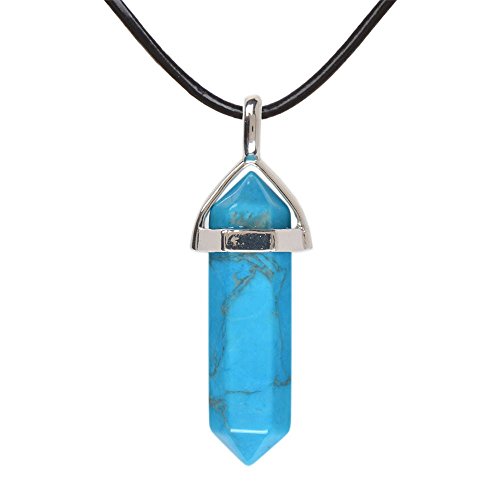 Justinstones Dyed Turquoise Howlite Gemstone Hexagonal Pointed Reiki Chakra Pendant Genuine Leather Necklace 18 Inch