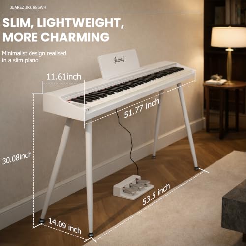 Image of JUAREZ JRK885WH 88-Key Digital Piano White with Stand | 600 Tones 800 Rhythms | 3-Pedal Unit | USB MIDI Audio In /Out | Built-In Speakers | 80 Demo Songs | Metronome | Home Piano with Legs