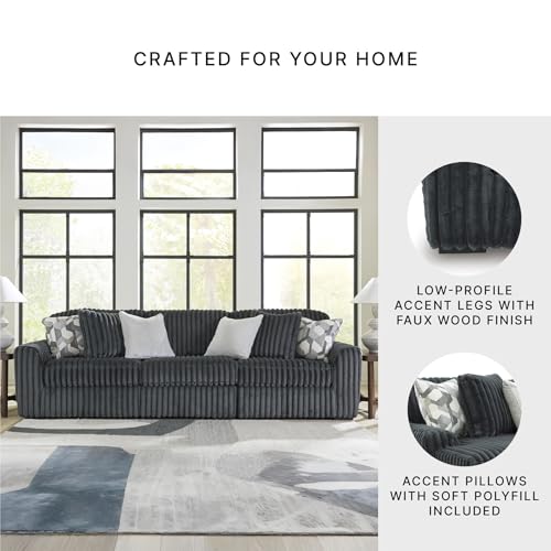 Image of Signature Design by Ashley 3-Piece Sectional Couch for Living Room, Gray | 100% polyester jumbo corduroy, Anti-sag platform foundation, 127 in wide, Gunmetal gray, Midnight-Madness Series