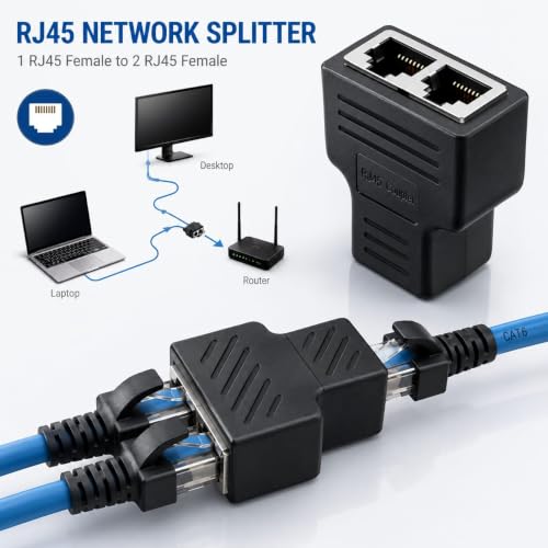 Image of FORIDA RJ45 Ethernet Splitter 1 Female to 2 Female LAN Adapter, 8P8C Network Coupler Connector for Cat5 /Cat5e /Cat6 /Cat7 Ethernet Cables, Internet Cable Splitter for PC, Laptop, Router, Network Devices