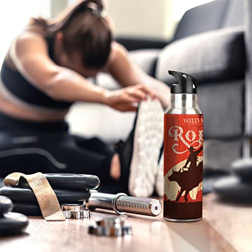 Cowboy Rodeo Sport Water Bottle, Cow Print Vacuum Insulated Leakproof Stainless Steel Drinking Bottle With Straw Lid For Travel Fitness Outdoor Flask Sports Gym, 32 Oz #TOP5