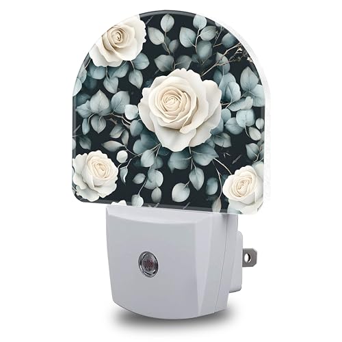 Image of Night Light, Vintage White Rose Flower Night Lights Plug into Wall Dusk to Dawn Sensor Round Nightlight for Women Men Energy Efficient Led Lamp 0.5W for Stairway Hallway Bedroom