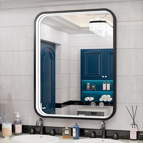 JSneijder 28x36 Inch Black LED Bathroom Mirror - 3 Color Lights (3000K/4500K/6000K), Wall Mounted Lighted Vanity Mirror for Bathroom, Stepless Dimmable, Anti-Fog, Memory Function, Horizontal/Vertical