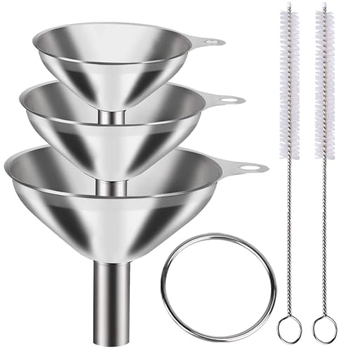Image of Stainless Steel Funnels Set 3 Pcs - Food Grade Metal Mini Kitchen Funnels with 2 Cleaning Brushes, Small Funnels for Liquid, Oil, Spice & Powder Transfer, Narrow Mouth Nozzles