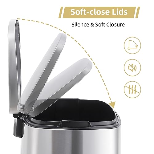 PULLAFUN Smudge Resistant Trash Can Stainless Steel Garbage Can with Silent Lid, Durable Pedal & Inner Bucket, 50 Liter/13.2 Gallon, Satin Nickel Finish, 19.1\" L x 14.5\" W x 25.2\" H,Silver