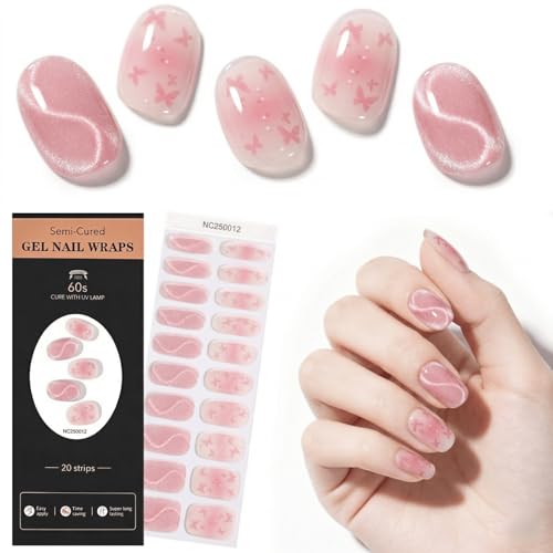 Gisfibu Semi Cured Gel Nail Strips with UV Light Required, Stretchable 3D Cat Eye & Butterfly Jelly Nail Wraps for DIY Manicure, 20 Pcs Long Lasting Nail Stickers Kit with Tools, Blush Pink