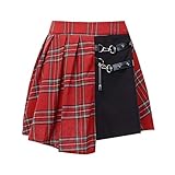 Women's Gothic Punk Skirts Red Plaid Pleated Ball Gown High Waist Patchwork Mini Skirt