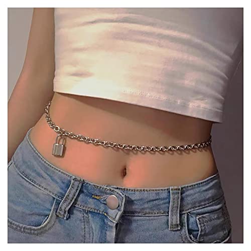 Inilbran Cadena De Cintura Colgante Candado De Plata Cadenas De Vientre Grueso Vintage Cubano Enlace Cadena De Cuerpo Punk Cintura Joyería Para Las Mujeres Y Las Niñas Cover