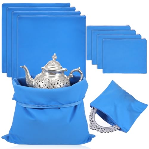 Oqqlin 8 Pcs Zippered Silver Storage Bags 18 x 18 Inch/12 x 9 Inch Anti Tarnish Silver Storage Pouches Blue Silvers Protector Cloth Pouch for Jewelry Silverware Toy Home Kitchen