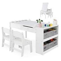 COSTWAY Kids Art Table and Chair Set, Wooden Toddler Craft Easel Desk with 2-Tier Open Shelf, Storage Bins, Paper Roll, Paint Cups, Children Play Activity Furniture
