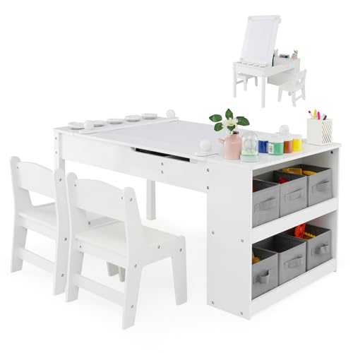 GOPLUS Mesa de arte infantil con 2 sillas y estante lateral abierto, juego de muebles infantiles con espacio de almacenamiento y mesa de pintura, grupo de asientos para dibujar y escribir, para