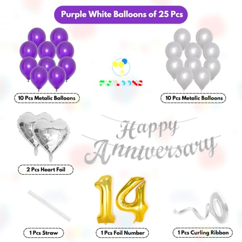 Image of Flyloons 14th Happy Anniversary Decoration Items Purple for Men Women Husband Wife Mom Dad Parent Couple Home Bedroom Car With 20 Pcs Metallic Balloons Anniversary Banner 2 Pcs Heart Set Kit