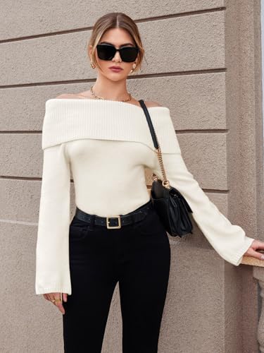 Image of GORGLITTER Women's Off The Shoulder Sweater Long Sleeve Ribbed Knit Pullover Top Trendy Fall Outfits 2025