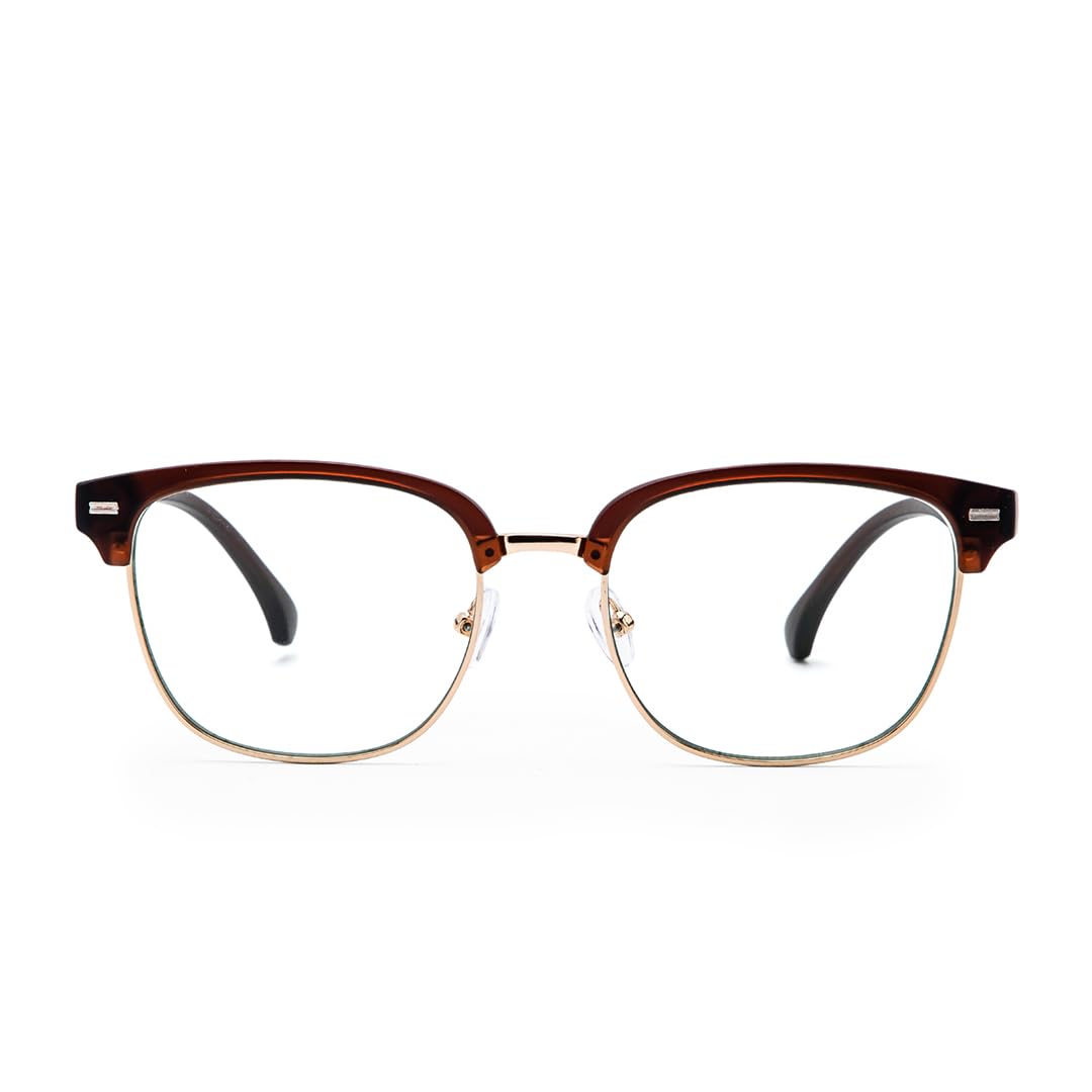 Intellilens | Zero Power Blue Cut Computer Glasses | Anti Glare, Lightweight & Blocks Harmful Rays | UV Protection Specs | For Men & Women | Brown & Gold | Round | Medium