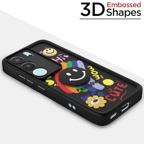 Image of Pikkme Back Cover for Vivo V29 5G / V29 Pro 5G | Soft Silicone| Cute Rainbow Smile & 3D Cartoon Flower Design | Shockproof Raised Camera Protection Bumper Case (Black)