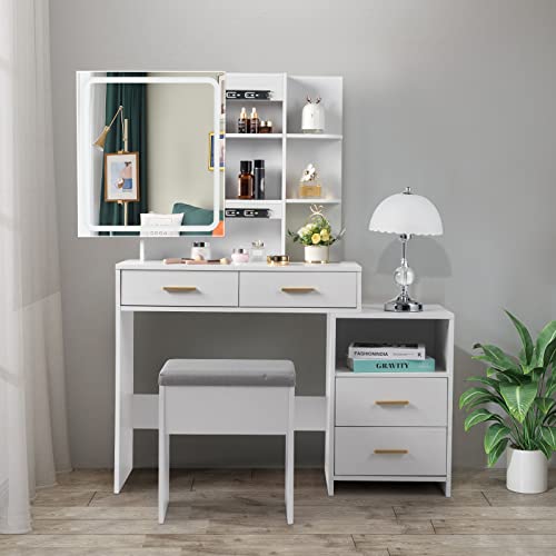 AMOPA Particleboard Triamine Veneer 4 Drawers 1 Storage Cabinet 2 Shelves Mirror Cabinet Dressing Table Set Led Three-Tone Light White